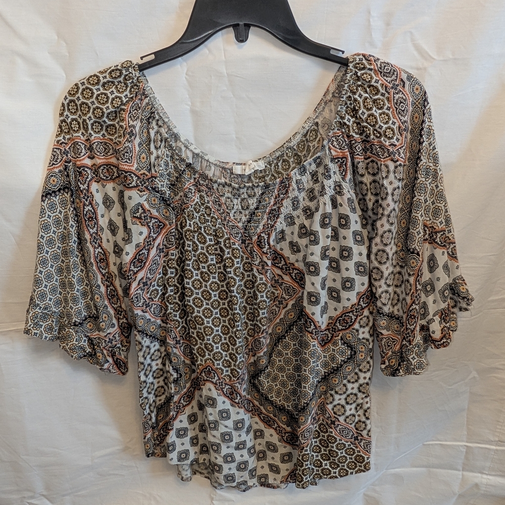 Maurices Cream Printed Puff Sleeve Peasant Top with Brown & Pink Accents